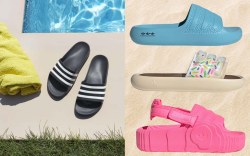 black slide sandals beside a pool; three slide sandals in front of sand background