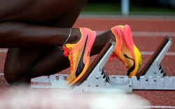 Nitro Elite Puma shoes on the blocks of the 400m hurdles women during the Wanda Diamond League Golden Gala meeting.