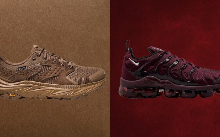 Hoka Anacapa 2 Low GORE-TEX Shoes in brown with trending color background in earth shade; Nike Air VaporMax Plus Sneakers in maroon colorway with maroon background