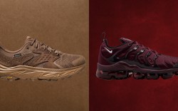 Hoka Anacapa 2 Low GORE-TEX Shoes in brown with trending color background in earth shade; Nike Air VaporMax Plus Sneakers in maroon colorway with maroon background